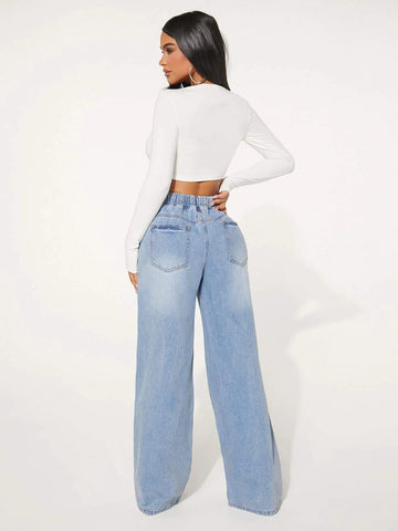 SXY Drawstring Waist Cut Out Ripped Wide Leg Jeans