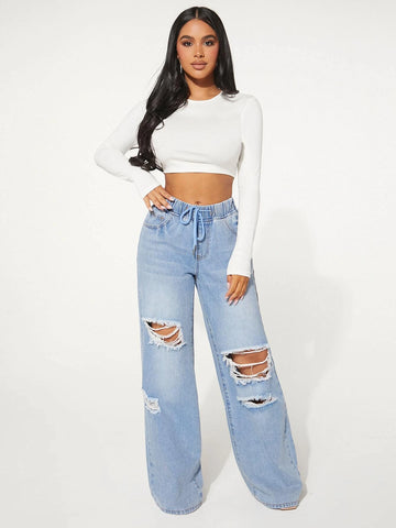 SXY Drawstring Waist Cut Out Ripped Wide Leg Jeans