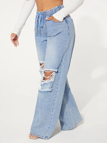 SXY Drawstring Waist Cut Out Ripped Wide Leg Jeans