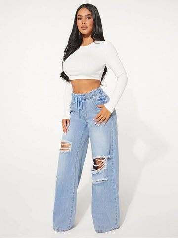 SXY Drawstring Waist Cut Out Ripped Wide Leg Jeans