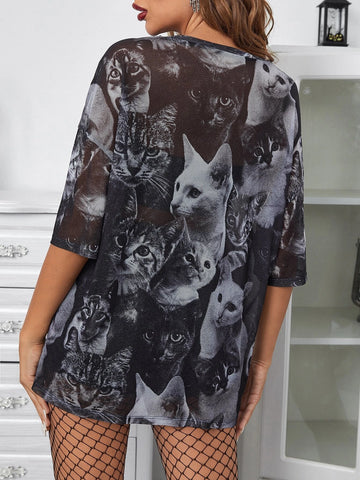 Cat Print Mesh Top