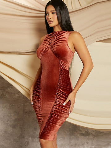 Ruched Zipper Back Velvet Bodycon Dress