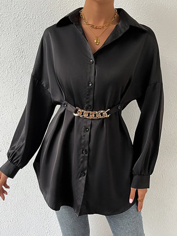 Drop Shoulder Chain Detail Curved Hem Shirt