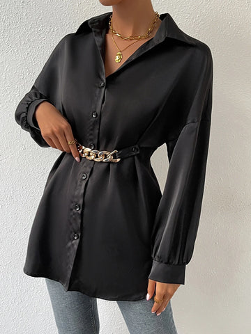 Drop Shoulder Chain Detail Curved Hem Shirt