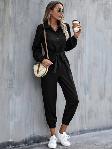 Button Front Belt Jumpsuit