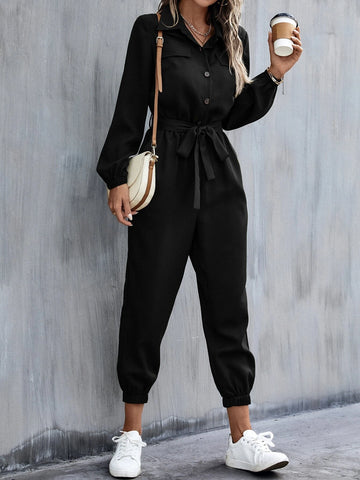 Button Front Belt Jumpsuit