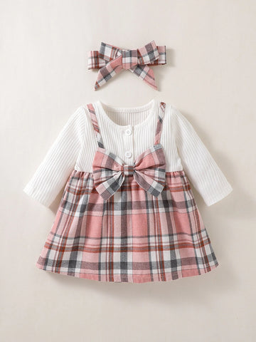 Newborn Baby Plaid Bow Front 2 In 1 Dress With Headband