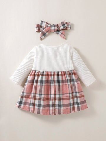 Newborn Baby Plaid Bow Front 2 In 1 Dress With Headband