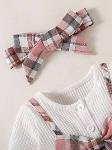Newborn Baby Plaid Bow Front 2 In 1 Dress With Headband
