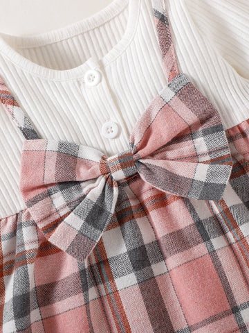 Newborn Baby Plaid Bow Front 2 In 1 Dress With Headband