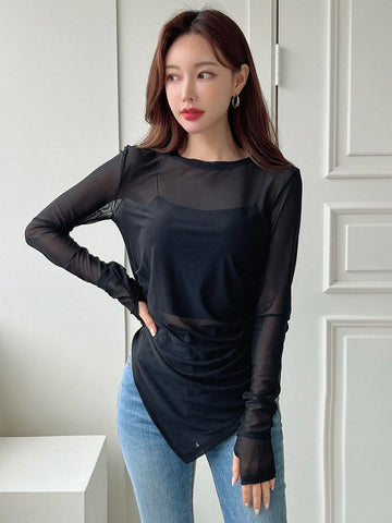 DAZY Asymmetrical Hem Thumb Holes Sheer Top Without Cami Top