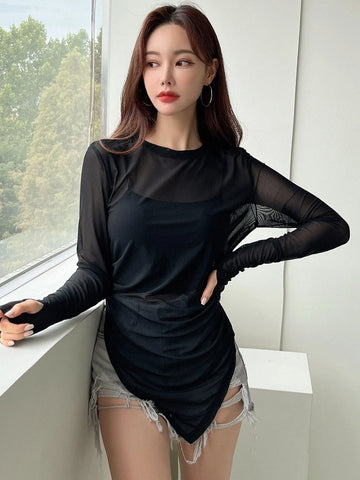 DAZY Asymmetrical Hem Thumb Holes Sheer Top Without Cami Top