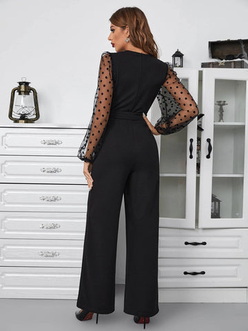 Contrast Dobby Mesh Lantern Sleeve Belted Jumpsuit