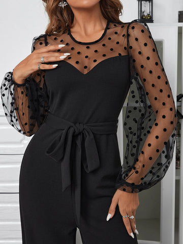 Contrast Dobby Mesh Lantern Sleeve Belted Jumpsuit