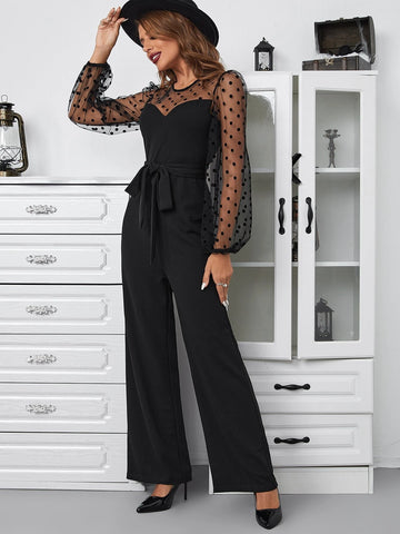 Contrast Dobby Mesh Lantern Sleeve Belted Jumpsuit