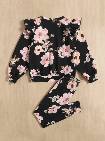 Girls Floral Print Ruffle Trim Pullover & Leggings