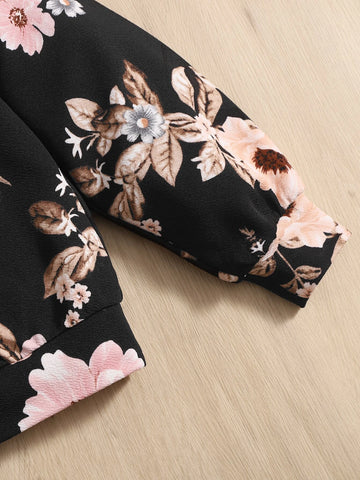 Girls Floral Print Ruffle Trim Pullover & Leggings