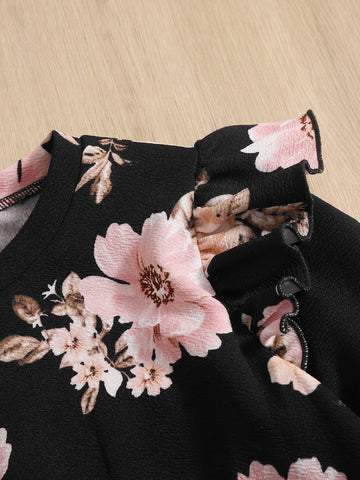 Girls Floral Print Ruffle Trim Pullover & Leggings