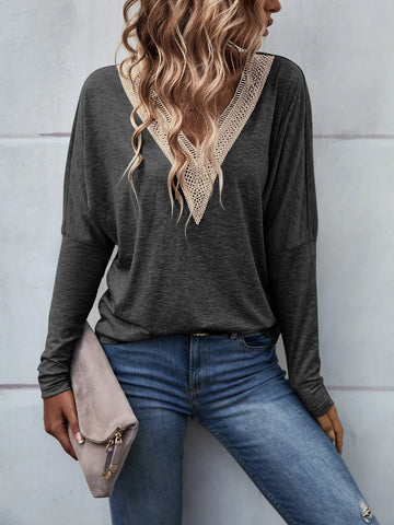 Guipure Lace Panel Batwing Sleeve Tee