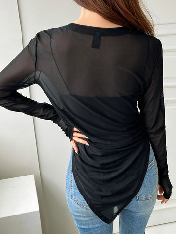 DAZY Asymmetrical Hem Thumb Holes Sheer Top Without Cami Top