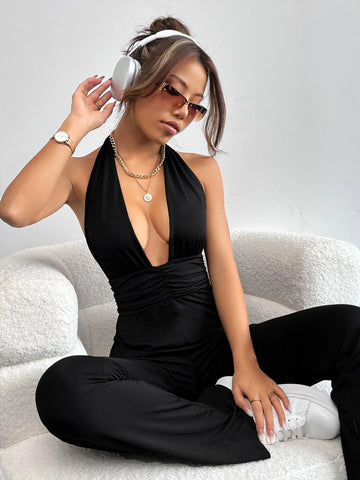 Tie Backless Ruched Halter Jumpsuit