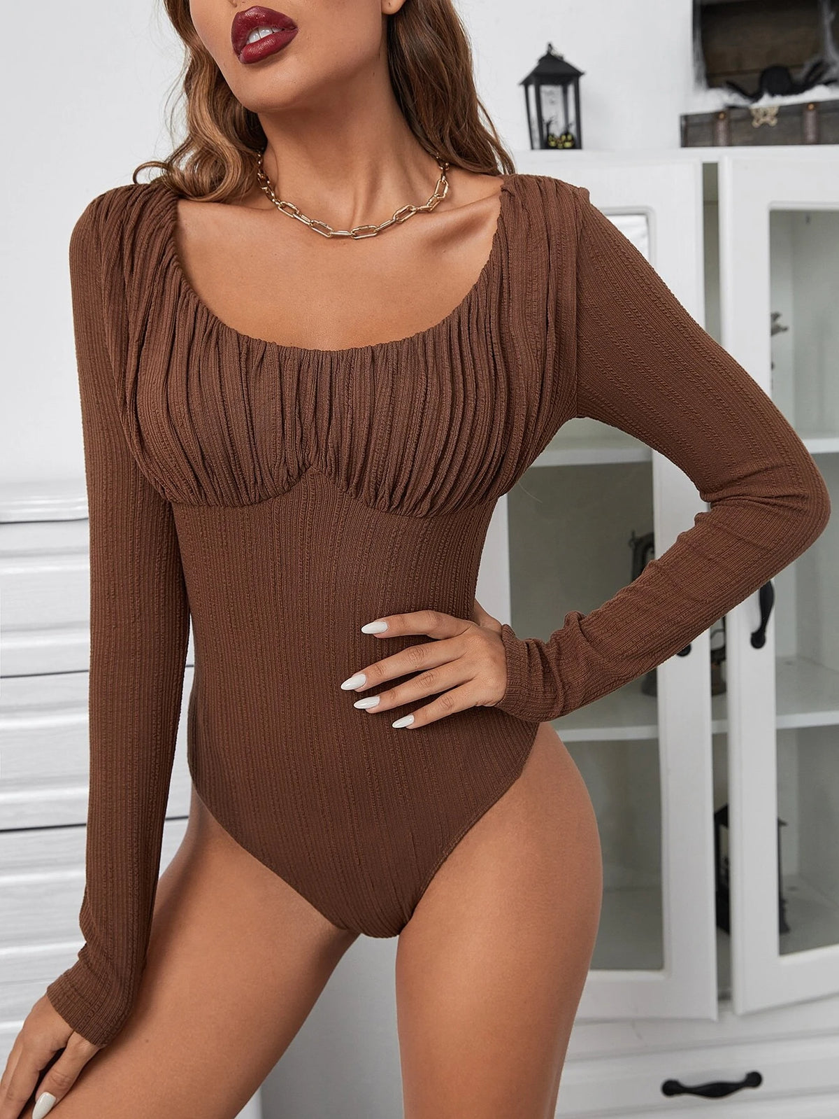 Ruched Bust Scoop Neck Bodysuit