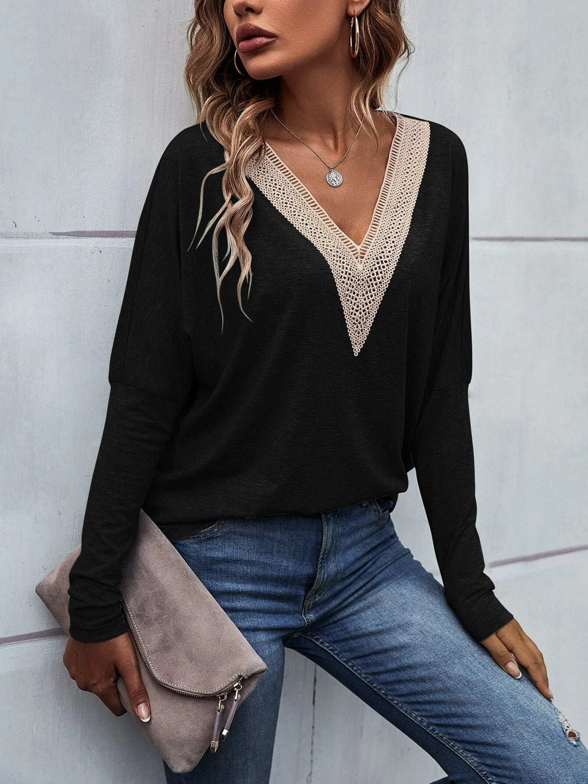 Guipure Lace Panel Drop Shoulder Tee