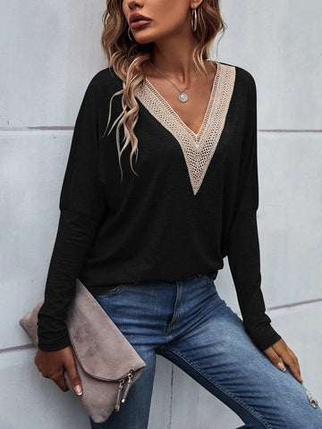 Guipure Lace Panel Batwing Sleeve Tee