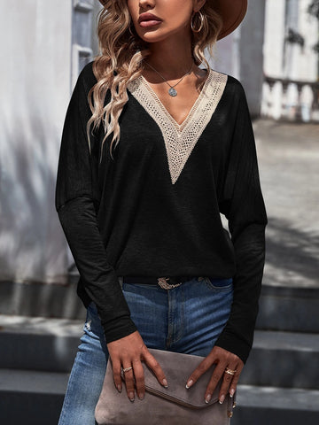 Guipure Lace Panel Batwing Sleeve Tee
