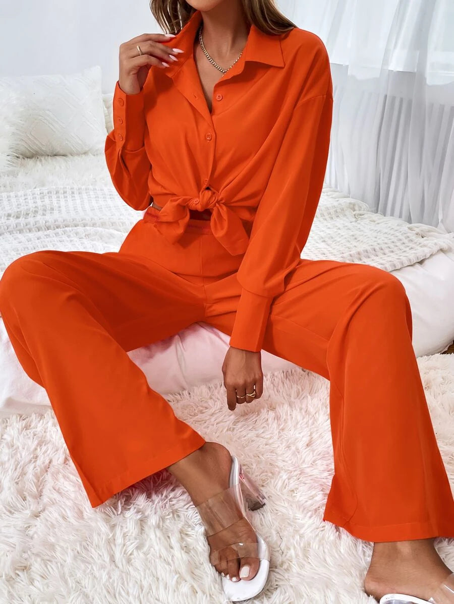 Button Front Shirt & Wide Leg Pants