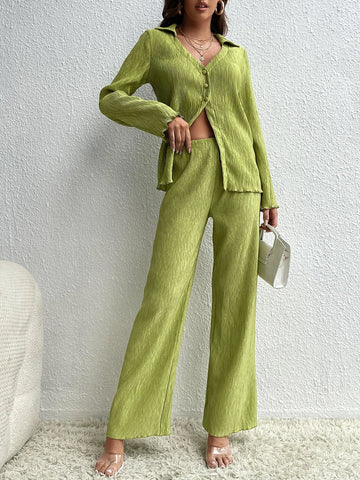 Tall Solid Button Front Blouse & Pants