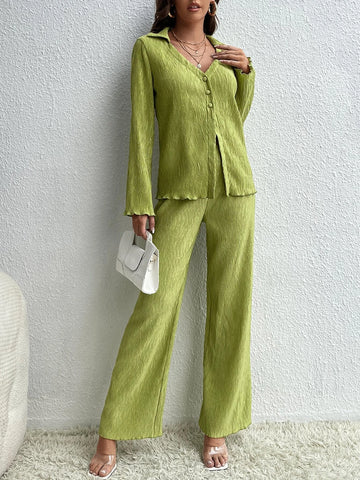 Tall Solid Button Front Blouse & Pants