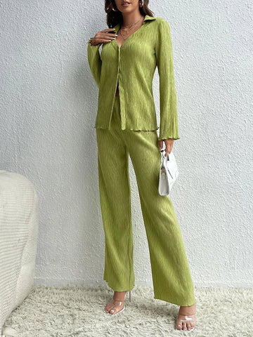 Tall Solid Button Front Blouse & Pants