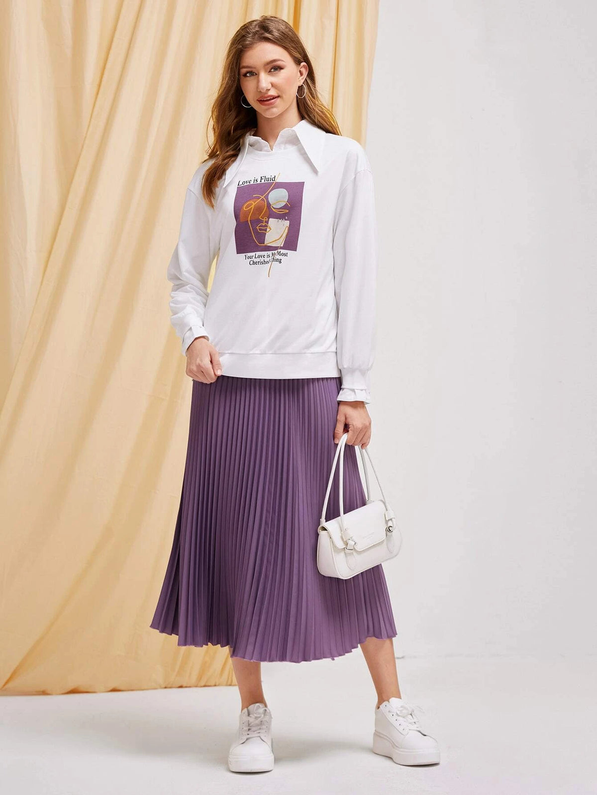 Figure and Slogan Graphic Drop Shoulder Pullover & Pleated Skirt Set