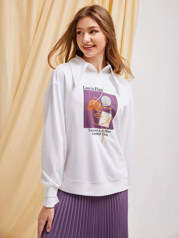 Figure and Slogan Graphic Drop Shoulder Pullover & Pleated Skirt Set