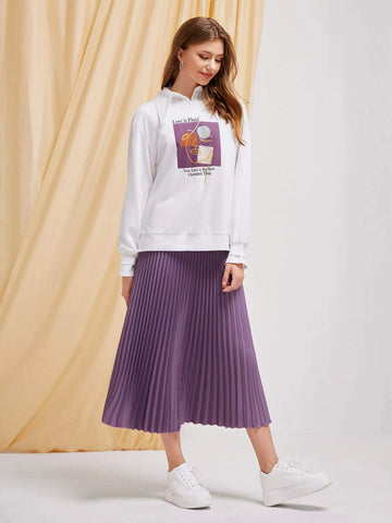 Figure and Slogan Graphic Drop Shoulder Pullover & Pleated Skirt Set