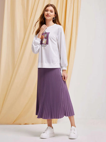 Figure and Slogan Graphic Drop Shoulder Pullover & Pleated Skirt Set