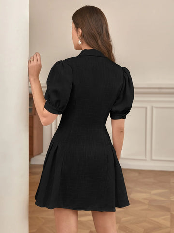 Frenchy Puff Sleeve Double Breasted Pleated Hem Dress
