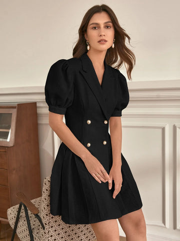 Frenchy Puff Sleeve Double Breasted Pleated Hem Dress