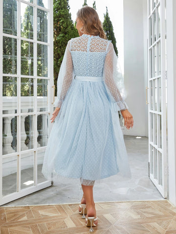 Simplee Lace Trim Belted Dobby Mesh Dress