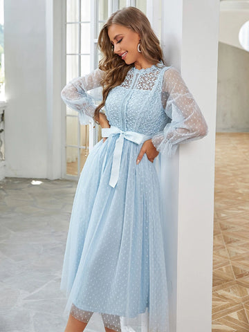 Simplee Lace Trim Belted Dobby Mesh Dress
