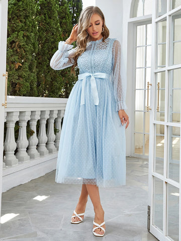 Simplee Lace Trim Belted Dobby Mesh Dress