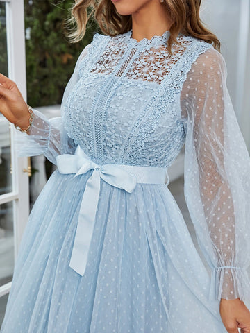Simplee Lace Trim Belted Dobby Mesh Dress