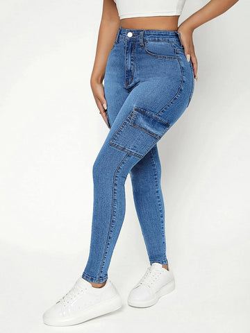 PETITE High Waist Flap Pocket Side Cargo Jeans
