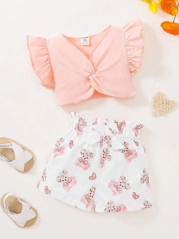 Baby Twist Flutter Sleeve Top & Orange Print Bow Paperbag Waist Shorts