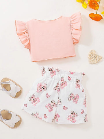 Baby Twist Flutter Sleeve Top & Orange Print Bow Paperbag Waist Shorts