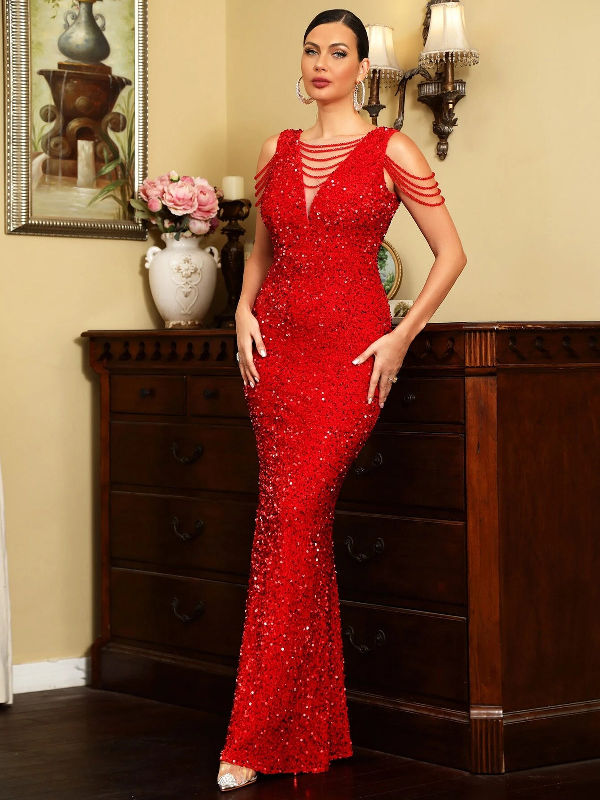 LOVE&LEMONADE Ladder Cut Out Sequin Formal Dress