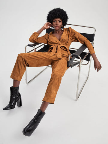 Couture Hooded Belted Faux Suede Jumpsuit