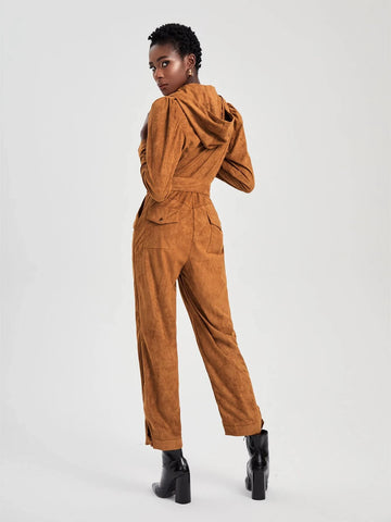 Couture Hooded Belted Faux Suede Jumpsuit