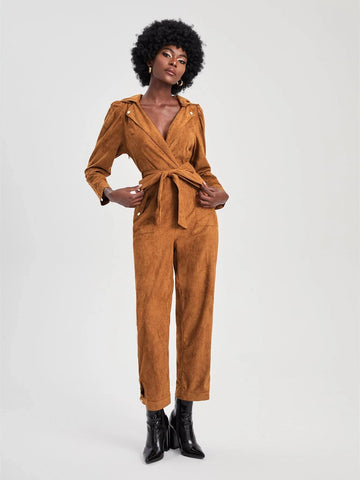 Couture Hooded Belted Faux Suede Jumpsuit